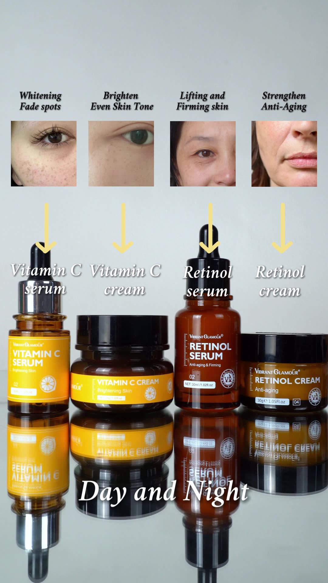 🎉Natural VC Retinol Sets Face Cream+Serum Anti Aging Whitening Fine Lines Wrinkles 4 Pcs🎉#VIBRANTGLAMOUR #Vitamin C#retinol#Antiaging#Whitening