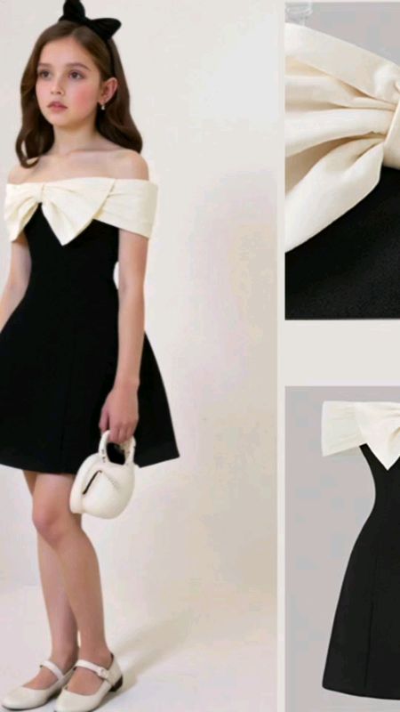 8-12 Girls Black Off Shoulder Dress#withbigbow#A-linepartydress#masmurasashopee