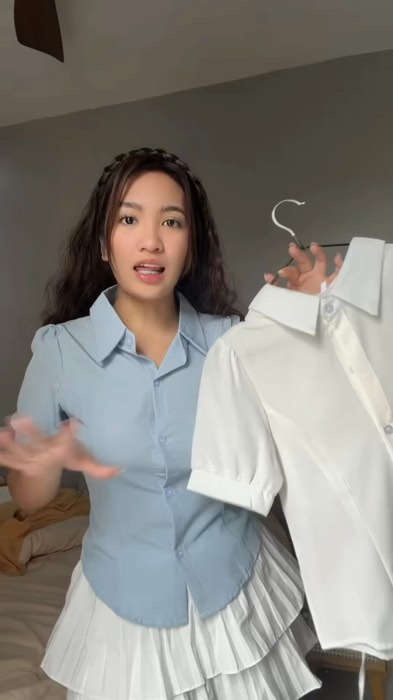 ￼Ecokauer Korean POLO Collar Short -Sleeved White Blouse Slim Shirt Crop Top for Women